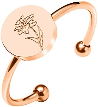CHENVA Personalized Birth Flower Ring Dainty Birth Flower Adjustable Rings Birthday Gift for Her (March Daffodil RG)