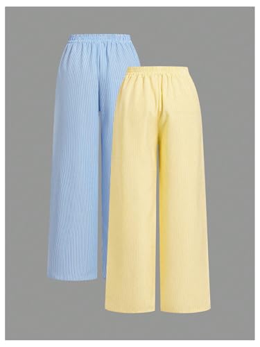Women's 2 Packs Striped Pants Elastic Waist Wide Leg Pants Casual Long Trousers with Pockets2