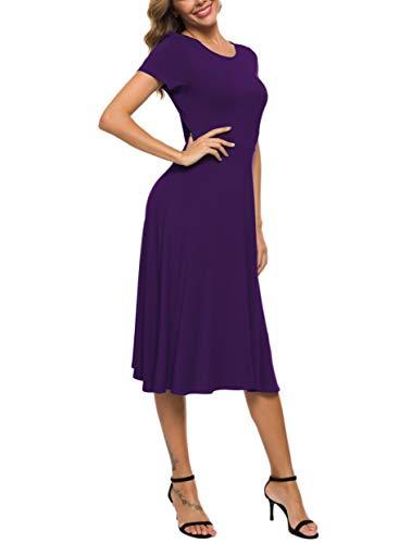 Image of EXCHIC Women's Casual Round Neck Short Sleeve Midi Dress Solid Stretchy Waist Knee Long Dress
