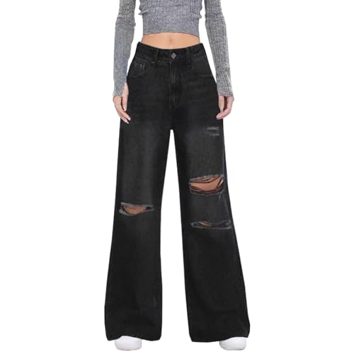 Distressed Wide Leg Jeans for Women High Waisted Loose Ripped Boyfriend Jeans Y2K Stretch Denim Pants