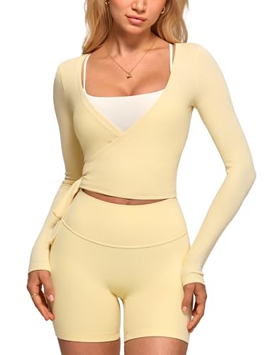 INGIA Womens V-Neck Long Sleeve Cross Wrap Top Slim Fit Soft Knit Layering Shirt Casual Yoga Gym Bandage Tie Tops Butter Small