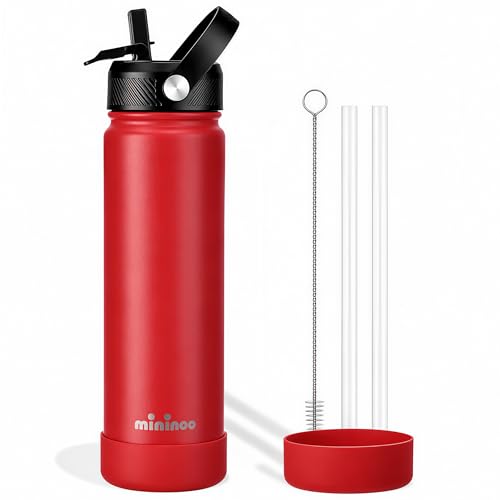 Image of Mininoo 24 oz Insulated Ceramic-Lined Water Bottle with Straw, Red