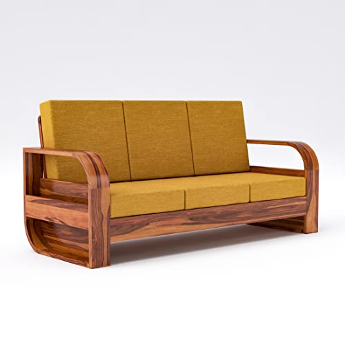 Image of Douceur Furnitures Solid Sheesham Wood 3 Seater Sofas | Three Seater Sofa for Living Room, Cafe, Office | (Honey Teak Cushion Mustard Yellow)