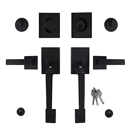 Virego Double Door Handle Set, Matte Black Heavy Duty Front Door Lock with Keyed and Lever, Square Double Door Handle Set with Dummy and Single Cylinder Deadbolt Combo for Front Door and Back Door