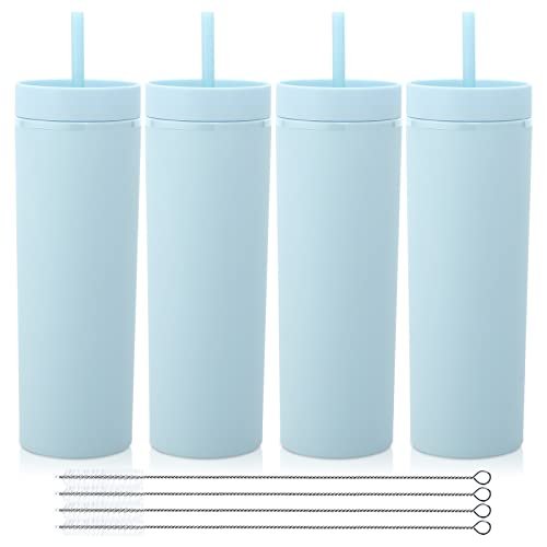 Volhoply 20oz Plastic Skinny Tumblers Bulk 4 Pack,Double Wall Tumbler with Lid and Straw,BPA Free Matte Acrylic Water Cups for Parties(Blue