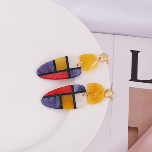 Geometric Acrylic Earrings，Resin Plaid Boho Statement Dangle Earrings Multicolor Marbled Drop Gold Plated Bohemian Earring for Women Retro Earrings Costume Jewelry for Women3