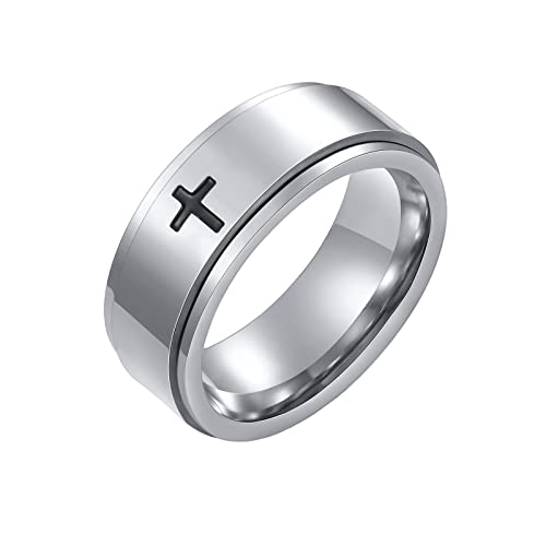 PAMTIER Anillo de Cruz Giratorio para Hombre Mujer Alianzas de Acero Inoxidable Oración de la Iglesia Plata 8mm Tamaño 14