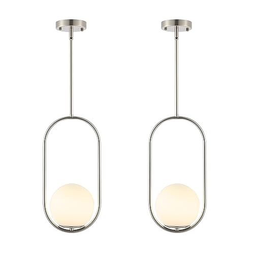 BYOLIIMA Modern Globe Pendant Light Brushed Nickel Chandelier 1-Light Mid Century Ceiling Hanging Lighting Fixture White Globe Glass Shades for Kitchen Island Dining Room Bedroom (2 Pack)