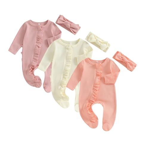Image of Merqwadd Baby Girl Zipper Pajama Footies 3 Pack Ruffle Sleeper Coming Home Infant Cotton Clothes