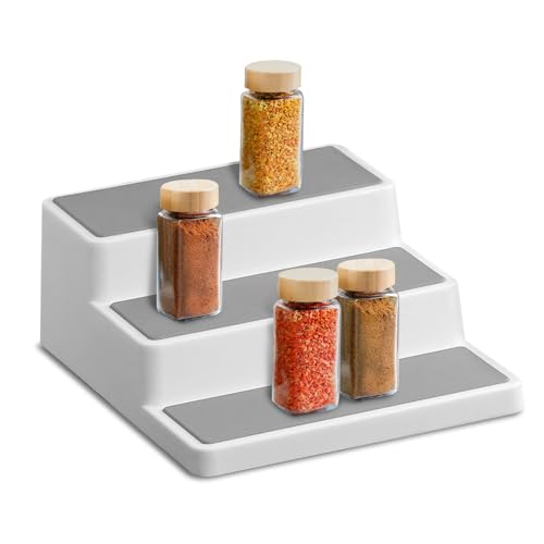 GEEZY 3 Tier Spice Rack for Inside Cupboard - Non Slip Kitchen Cupboard Organiser, Tiered Shelf for Jars Tins Cans Seasonings & Condiments - Space Saving Countertop & Pantry Organiser 19.5x24.5x8.5cm