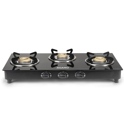 Image of AGARO Elite 3 Burners Gas Stove, Toughened GlassTop, Round Brass Burners, 1 Small, 1 Medium & 1 Big Size Burner, Spill Proof Fixed Drip Tray, Manual Ignition, Kitchen Use, Regular Cooking Use, Black
