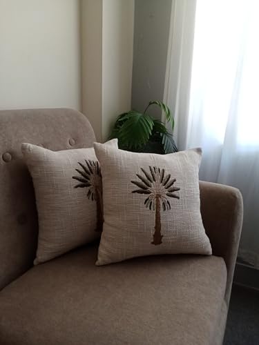 Image of Palm Tree Jute Cotton 10pcs Cushion Cover Set Decorative Throw Pillow Covers 40x40 cm, Beige Color (Pack of 10, 16x16 Inch)