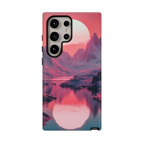 Coque rigide Samsung S24 Ultra brillante antichoc motif rivière rose et coucher de soleil