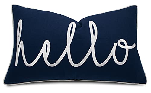 Eurasia Decor Hello Embroidered Decorative Lumbar Accent Throw Pillow Cover - Entryway, Guestroom, Porch, Couch, Housewarming - 12X20 Inches, Navy Blue #TOP19
