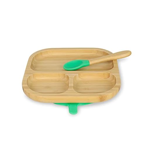 BIOZOYG Juego de platos de bambú cuadrados I Plato con ventosa y cuchara - certificado FSC I platos madera de bambú p. niños - plato y cuenco para niños I vajilla bambú para bebés cuadrada verde