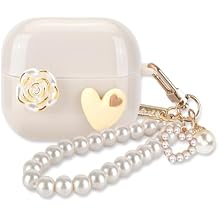 CameCosy for Samsung Galaxy Buds 3 FE/Buds 3 Pro/Buds 3 Case with Cute Pearl Wrist Keychain, Love Heat Design Soft Shockproof Protective Premium Cover Case-Beige