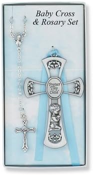 Pewter Baby Boy Cross Crib Medal & Rosary Set, Childrens Rosary