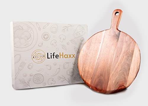 Lifehaxx Round Acacia Wood Cutting Board With Handle - Kitchen Gifts - 12" X 16" Wood Pizza Peel - Charcuterie Board - Serving Platter For Bread, Cheese, Meat, Pastry #TOP7