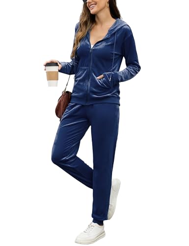 ouansyltg Velour Track Suits for Women Set Sweat Outfits Zip Up Velvet Tracksuit Zipper Hoodie Jogging Suits Navy Blue XL