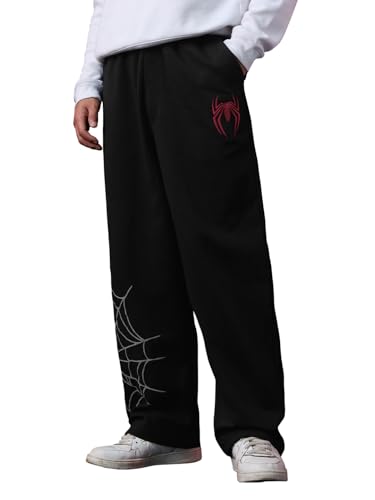 Image of The Souled Store Spider-Man: Wallcrawler Men and Boys Elastic Waistband Black Embroidered Cotton Blend Oversized Fit Lightweight Fleece Korean Joggers