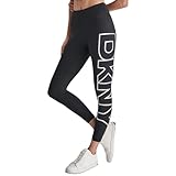 DKNY Leggings de compresión de cintura alta con logotipo explosivo para mujer, Negro/Plateado, Medium