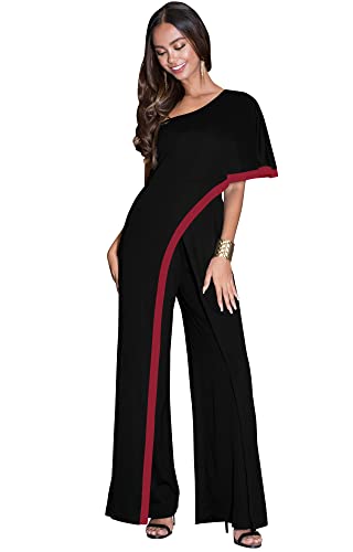 Koh Koh Plus Size Womens Short Sleeve Pockets One Off Shoulder Asymmetric Long Pant Pantsuit Romper Bridesmaid Wedding Guest Formal Work Office Jumpsuit Outfit, Black & Red 3Xl 22-24 #TOP8
