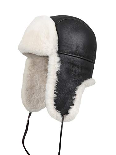 Image of Leather Aviator Shearling Ushanka Trapper Hat Russian Sheepskin Cap Real Fur Winter Hat with Ear Flaps for Men Women