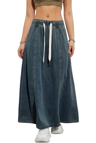 Womens Casual Paperbag Elastic High Waist A-Line Maxi Denim Skirt