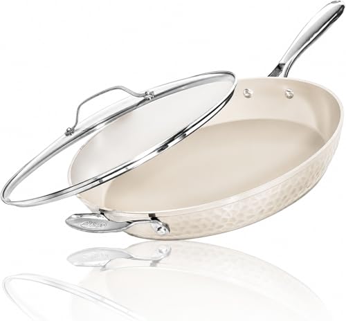 GOTHAM STEEL HAMMERED 14 Inch Non Stick Frying Pans with Lid, Extra Large Frying Pans Nonstick Cooks Family Sized Meals, Non Toxic PFOA Free, Induction Ready, Oven and Dishwasher Safe