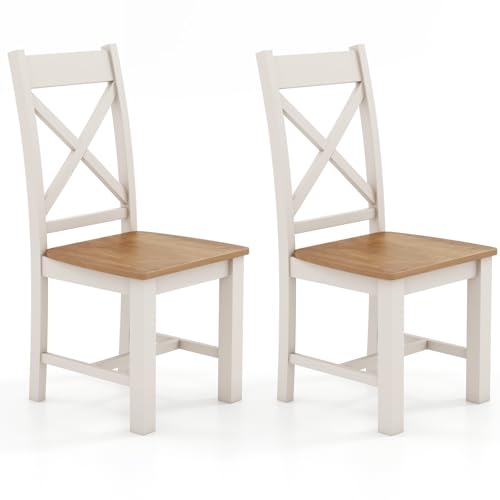 COSTWAY Dining Set of 2, Wooden Kitchen Chairs With Hollowed High Back & Rubber Wood Legs, Armless Side Seats for Living Room Restaurant, 150kg Load (X-shaped Back, Natural)
