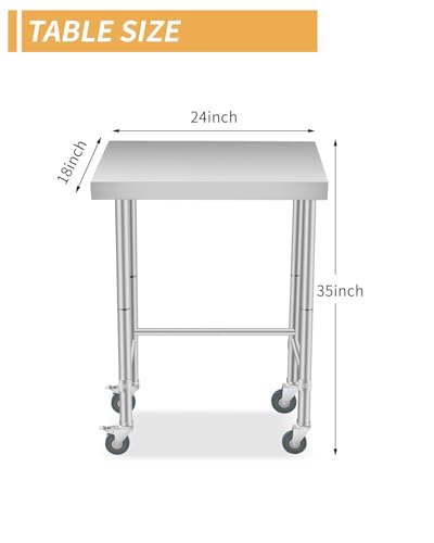 Stainless Steel Table 18x24 Inch with Wheels, Stainless Steel Kitchen Prep Table, Commercial Utility Work Table