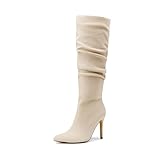 DREAM PAIRS Knee High Boots for Women, Pointed Toe Stiletto High Heel Slouchy Suede with Side Zipper Tall Boots,Size 10,Beige-Suede,SDKB2422W