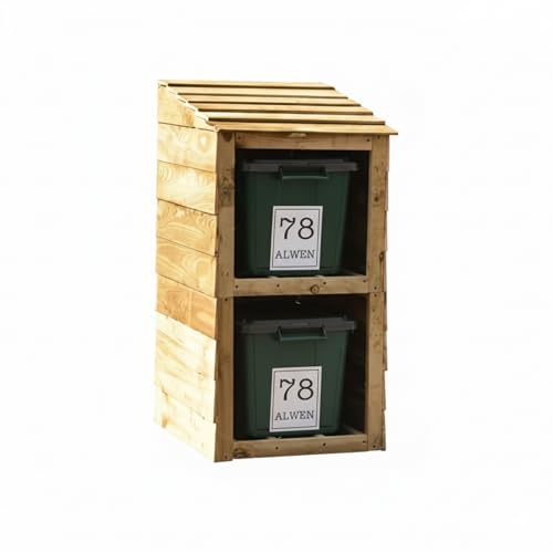 Signs & Numbers Wooden Double Recycling Bin Storage | Outdoor Bin Shed for 2 Bins | Pressure Treated Wood | 2 Free Personalised Labels | Garden Waste & Bin Store 66x60x113.5cm