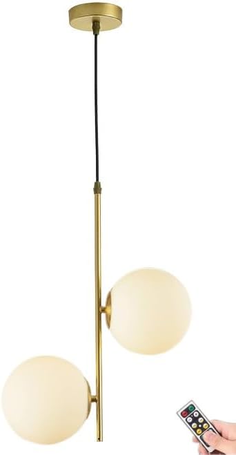 2-Light Battery Operated Chandelier with Remote,Indoor No Wiring Rechargeable Pendant Light Fixture,Modern Gold Globe Glass Hanging Light for Bedroom Kithchen Island Dinning Room
