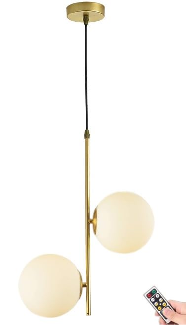 ZitBrox 2-Light Battery Operated Chandelier with Remote,Indoor No Wiring Rechargeable Pendant Light Fixture,Modern Gold Globe Glass Hanging Light for Bedroom Kithchen Island Dinning Room