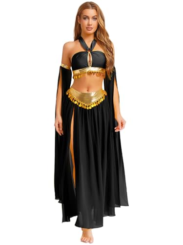 Aislor Conjunto De Traje Danza Del Vientre Para Mujer Sujetador + Faldas Largas De Baile Traje De Baile De India Actuación Negro M