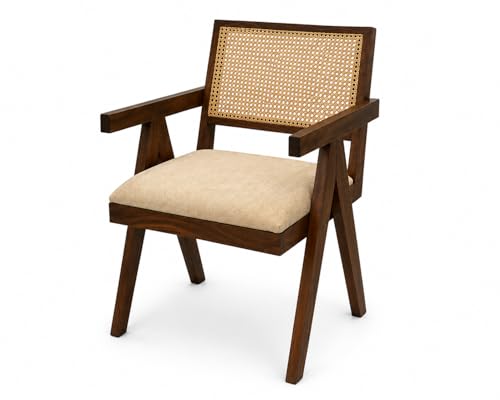 Image of WELL KNOWN Solid Sheesham Wood Arm Chair with Cushion & Cane Back Support | Wooden Armchair for Living Room Bedroom Balcony | Indoor Outdoor Wooden Accent Chair Furniture (Nature Finish)
