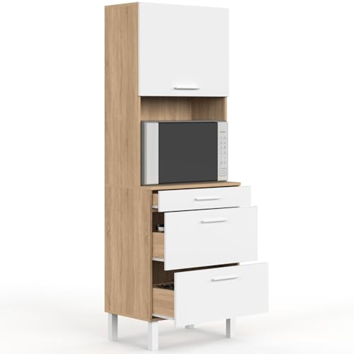 IDMarket - Colonne de Cuisine Micro-Ondes et casserolier 60 cm CINA 2 Portes façon hêtre et Blanc
