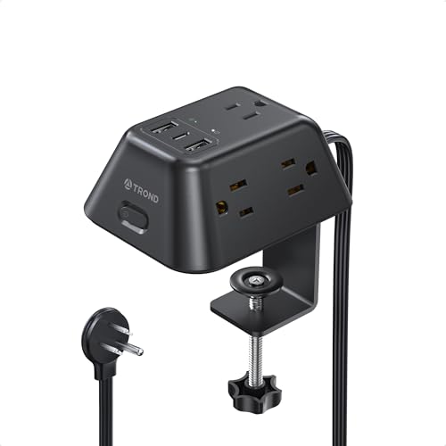 Desk Clamp Power Strip Surge Protector with 5 AC Outlets and 3 USB Ports Desk Mount Charging Station Fit 1.97in Tabletop Edge Thick 6FT Extension Cord for Home Office Gaming Accessories Black