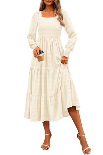 CFLONGE Women's Fall Dresses 2025 Puff Long Sleeve Square Neck Dress High Waist Smocked A-Line Flowy Wedding Party Maxi Dress