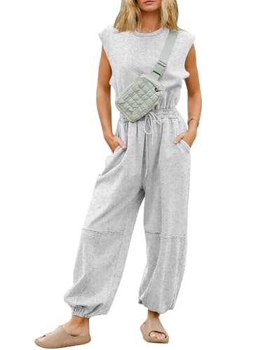 Flygo Womens Casual Jumpsuit Crewneck Cap Sleeve Long Wide Leg Pants One Piece Outfits Drawstring Romper with Pockets