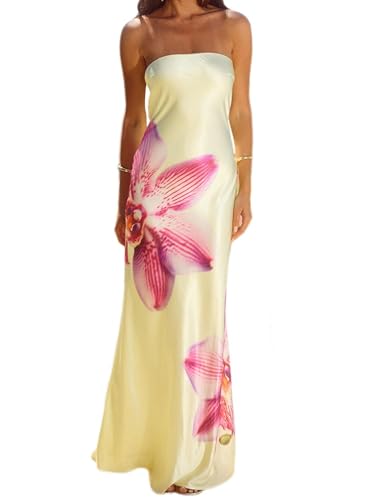 Image of Women Y2k Strapless Maxi Dress Floral Print Tube Long Dress Boho Beach Sundress Going Out Streetwear