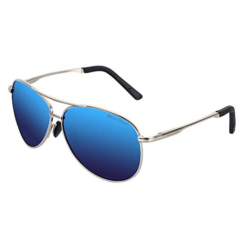 Macro Giant Classic Drop Shape Sunglasses, Silver Frame, Mirror Blue Lens, Polarized, 100% UV Protection, UV 400, Military Style, Al-Mg