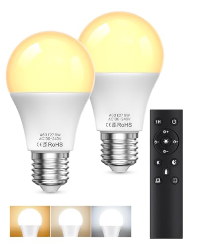 BrightArk Bombilla LED E27 con Mando a Distancia, Bombilla Regulable E27, Bombillas LED 9W, 3 Temperaturas de Color 3000K-6000K, Bombillas con Mando con Temporizador y Función de Memoria