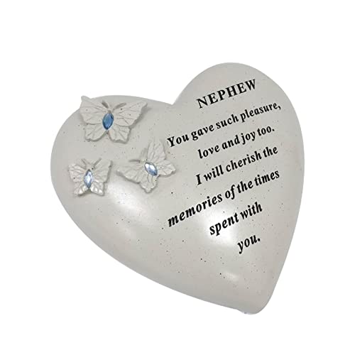 Personalised Grave Ornament/Memorial Plaque with Heart With 3 butterflies & Blue Gems | Graveside Decoration Gift in the Loving Memory of your Loving Deceased Ones (Nephew)