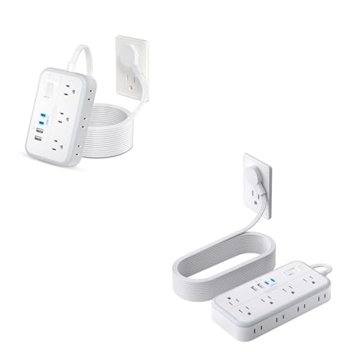 NTONPOWER Flat Extension Cord with Multiple Outlets Bundle, 10 ft 6-Outlets 4 USB Ports(2USB C), 15ft 10-AC Outlets with 4 USB Ports (2 USB C), Flat Plug Outlet Extender for Home Office Dorm Room Esse