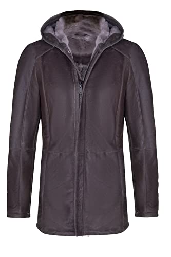 Infinity Leather Brauner Schafspelz-echter Lammfell-klassischer Leder-Parka-Mantel mit Kapuze für Herren L