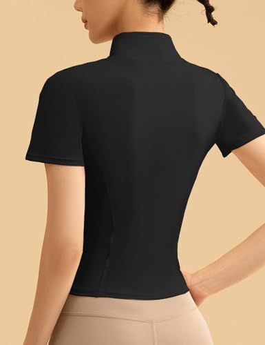COWOKA Jaqueta feminina de treino slim fitness casual manga curta casaco esportivo yoga tops, Preto,