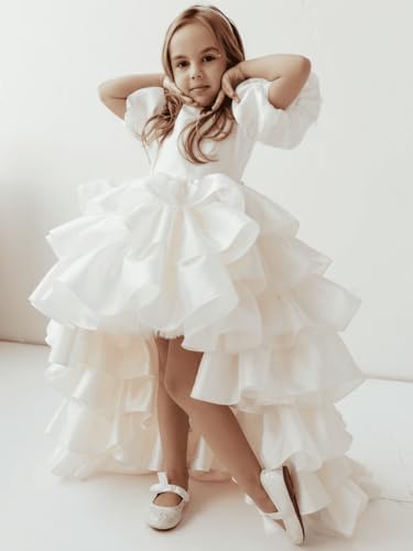 Custom Flower Girl Dresses Tiered with Bow and Tailing Short Sleeve for Wedding Birthday Party Holy Communion Gowns2