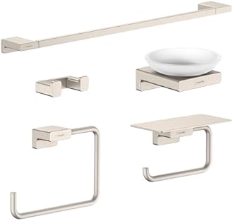 hansgrohe AddStoris Accessory Kit with Double Hook, Towel Bar, Toilet Paper Holder w/Shelf, Towel Ring, and Soap Dish in Brushed Nickel